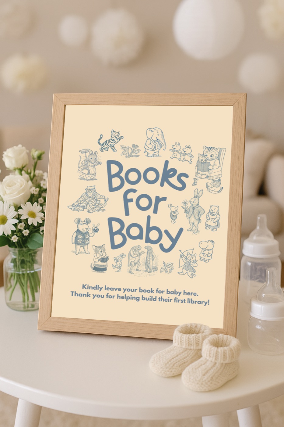 Framed Books for Baby print on a nursery shelf