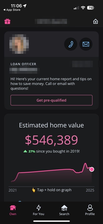 Homeowner digest on mobile: an agent card above the estimated home value, $546,389, with a value trend.