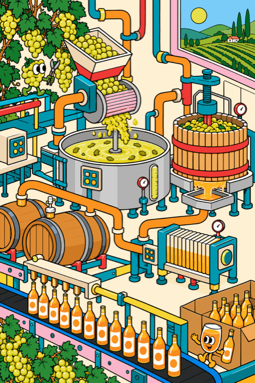 Detailed isometric illustration of an orange wine winery with vineyards, barrels, and bottles.