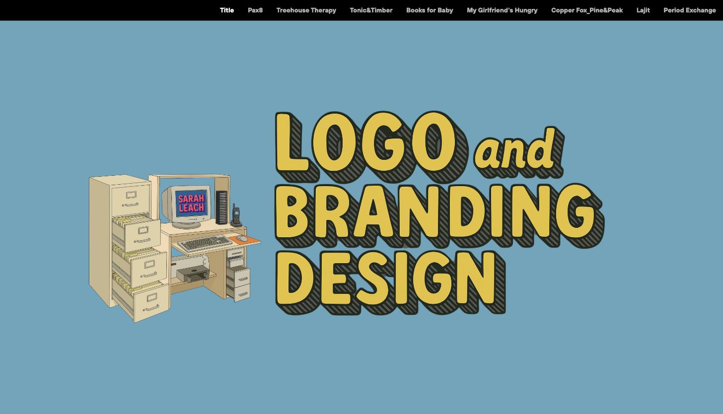 Logo and Branding Design title page: chunky yellow lettering beside an illustrated retro computer desk with Sarah Leach on the monitor.