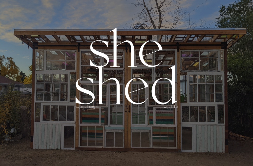 The she shed, walled with reclaimed windows.
