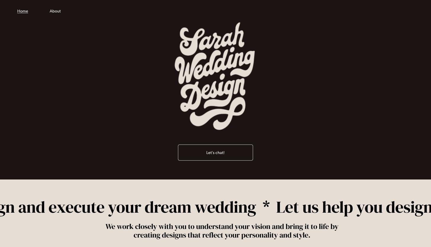 Sarah Wedding Design homepage: a cream hand-lettered script logo on a dark brown background.